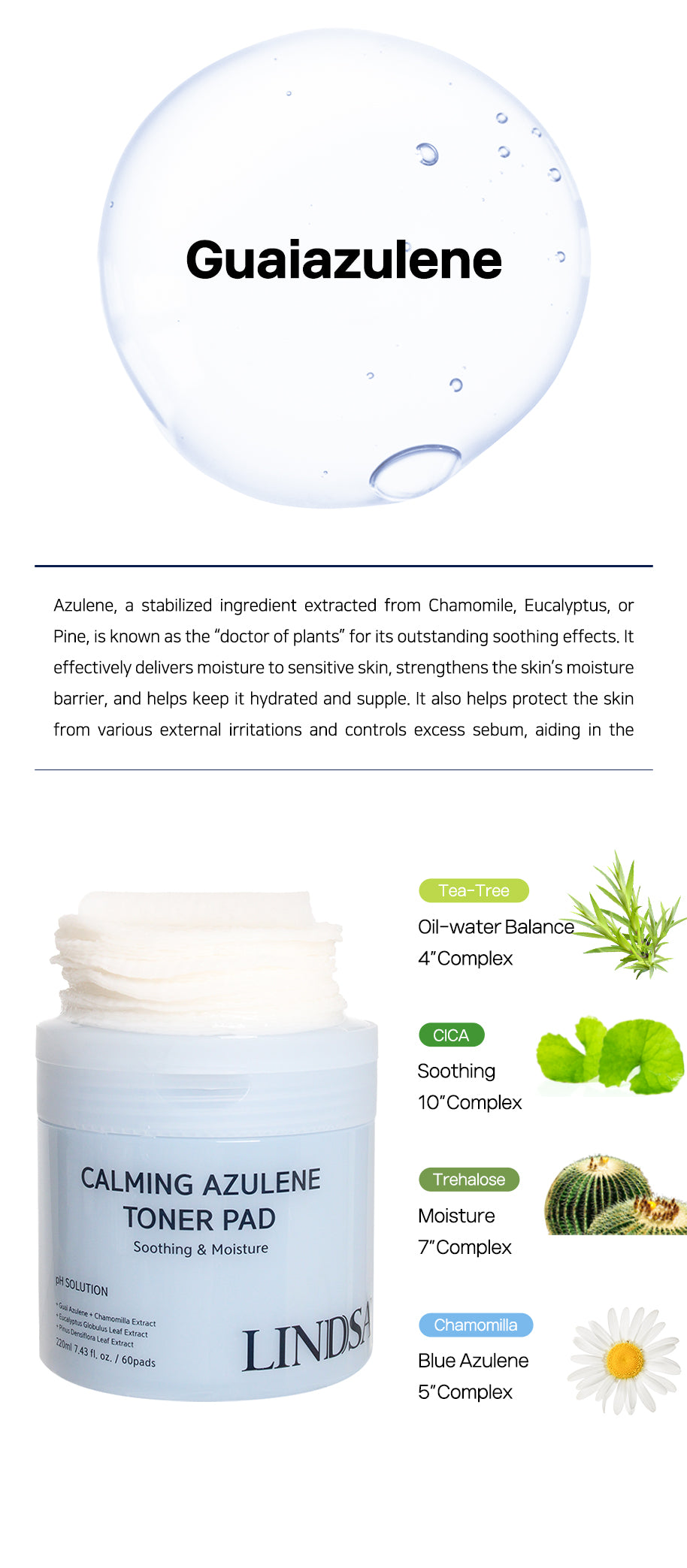 LINDSAY PH Solution Azulene Calming Toner Pad 60PADS 220ML