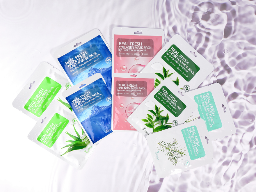 ROKKISS Real Fresh Korean Face Mask Set 10 PCS (Collagen, Aloe, Green Tea, Tea Tree, Water Bomb)