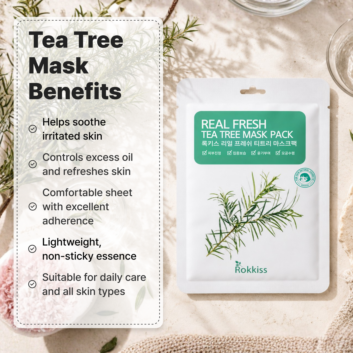 ROKKISS Real Fresh Tea Tree Korean Face Mask 10 PCS