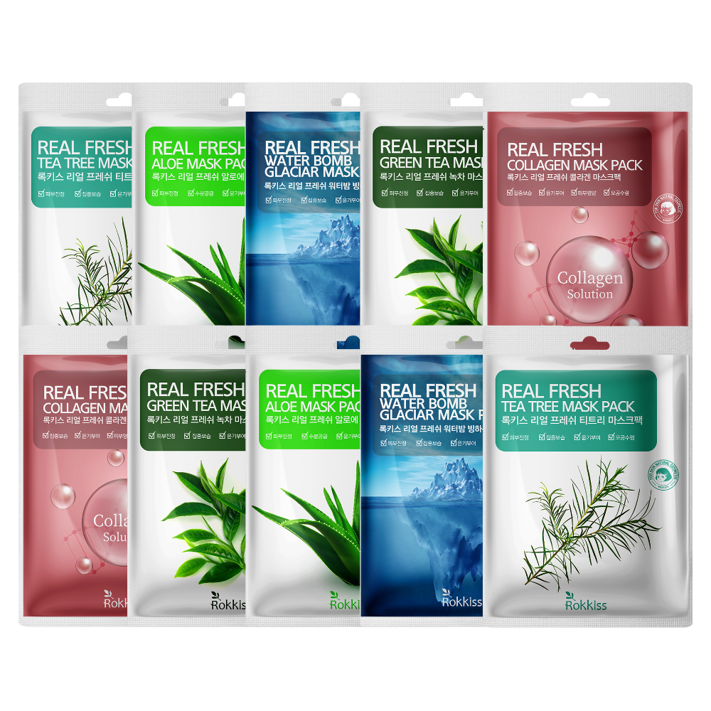 ROKKISS Real Fresh Korean Face Mask Set 10 PCS (Collagen, Aloe, Green Tea, Tea Tree, Water Bomb)